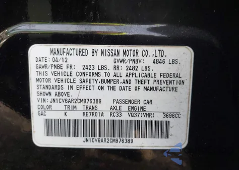 2012 Infiniti G37X z USA, uszkodzony, nr VIN JN1CV6AR2CM976389